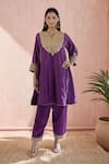 Buy_Sheetal Batra_Purple Embroidery Floral Notched Neck Kurta With Pant _at_Aza_Fashions