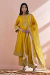 Buy_Sheetal Batra_Yellow Embroidery Floral Round Neck Gota Patti Kurta Pant Set _at_Aza_Fashions