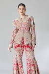 Anamika Khanna_Red Silk, Cotton Zari, Sequins, Beads, Zardozi Peplum Top And Flared Pant Set_Online_at_Aza_Fashions