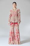 Buy_Anamika Khanna_Red Silk, Cotton Zari, Sequins, Beads, Zardozi Peplum Top And Flared Pant Set