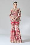Shop_Anamika Khanna_Red Silk, Cotton Zari, Sequins, Beads, Zardozi Peplum Top And Flared Pant Set