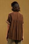 Shop_Ritu Kumar_Brown Cotton Silk Embroidery Kyesha Collared Neck Shirt _at_Aza_Fashions