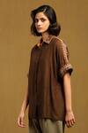 Ritu Kumar_Brown Cotton Silk Embroidery Kyesha Collared Neck Shirt _Online_at_Aza_Fashions