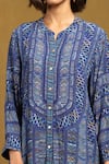 Shop_Ritu Kumar_Blue Viscose Crepe Self Design Peru Geometric Band Collar Pattern Shirt _Online_at_Aza_Fashions