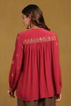 Shop_Ritu Kumar_Red Viscose Crepe Embroidery Abstract Band Collar Sophie Butti Top _at_Aza_Fashions
