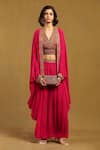 Ritu Kumar_Pink Viscose Crepe Embroidery Thread V Prishan Bloom Cape And Flared Pant Set _Online_at_Aza_Fashions