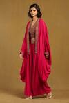 Buy_Ritu Kumar_Pink Viscose Crepe Embroidery Thread V Prishan Bloom Cape And Flared Pant Set _Online_at_Aza_Fashions