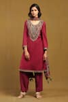 Buy_Ritu Kumar_Red Satin Viscose Chiffon Embroidery Mandala Bloom U Neck Yoke Kurta Pant Set _at_Aza_Fashions