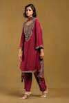 Ritu Kumar_Red Satin Viscose Chiffon Embroidery Mandala Bloom U Neck Yoke Kurta Pant Set _Online_at_Aza_Fashions