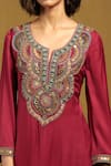 Shop_Ritu Kumar_Red Satin Viscose Chiffon Embroidery Mandala Bloom U Neck Yoke Kurta Pant Set _Online_at_Aza_Fashions