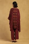 Shop_Ritu Kumar_Maroon Poly Jacquard Print Blossom Vine Open Round Kinnauri Cape And Pant Set _at_Aza_Fashions