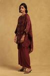 Ritu Kumar_Maroon Poly Jacquard Print Blossom Vine Open Round Kinnauri Cape And Pant Set _Online_at_Aza_Fashions
