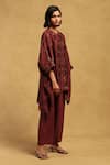 Buy_Ritu Kumar_Maroon Poly Jacquard Print Blossom Vine Open Round Kinnauri Cape And Pant Set _Online_at_Aza_Fashions