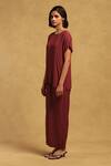 Shop_Ritu Kumar_Maroon Poly Jacquard Print Blossom Vine Open Round Kinnauri Cape And Pant Set _Online_at_Aza_Fashions