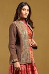 Shop_Ritu Kumar_Brown Cotton Embroidery Scallop Bloom Open Neck Yale Jacket _Online_at_Aza_Fashions