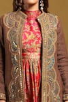 Ritu Kumar_Brown Cotton Embroidery Scallop Bloom Open Neck Yale Jacket _at_Aza_Fashions