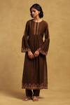 Buy_Ritu Kumar_Brown Cotton Silk Embroidery Thread Round Kyesha Placket Kurta And Pant Set _at_Aza_Fashions