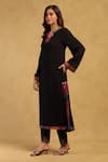 Ritu Kumar_Black Rayon Slub Woven Ikat Notched Neckline Kurta And Pant Set _Online_at_Aza_Fashions