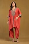 Buy_Ritu Kumar_Pink Viscose Crepe Embroidery Sequin V Neck Yoke Kurta And Pant Set _at_Aza_Fashions