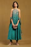 Buy_Ritu Kumar_Blue Poly Dupion Embroidery Sequin Halter Neck Kurta Set _at_Aza_Fashions