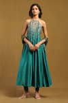 Shop_Ritu Kumar_Blue Poly Dupion Embroidery Sequin Halter Neck Kurta Set _Online_at_Aza_Fashions