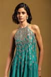 Ritu Kumar_Blue Poly Dupion Embroidery Sequin Halter Neck Kurta Set _at_Aza_Fashions