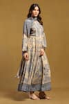 Ritu Kumar_Beige Viscose Crepe Printed Paisley Round High Neck Sulawasi Anarkali Set _Online_at_Aza_Fashions