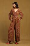 Buy_Ritu Kumar_Brown Viscose Crepe V Neck Sophie Floral Pattern Jumpsuit _at_Aza_Fashions