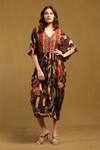 Buy_Ritu Kumar_Brown Viscose Crepe Embroidered Patchwork V Neck Kaftan Dress _at_Aza_Fashions