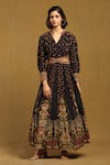 Buy_Ritu Kumar_Black Cotton Voile Collared V Gopuram Abstract Pattern Maxi Dress _at_Aza_Fashions