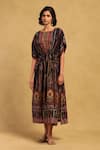 Buy_Ritu Kumar_Black Cotton Voile Round Kiraj Abstract Pattern Gathered Dress _at_Aza_Fashions