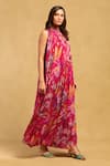 Buy_Ritu Kumar_Fuchsia Viscose Chiffon Printed Abstract High Neck Phoenix Shift Dress _Online_at_Aza_Fashions