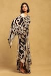 Buy_Ritu Kumar_Black Viscose Crepe Printed Geometric Asymmetric Meraki Kimono Sleeves Dress _Online_at_Aza_Fashions