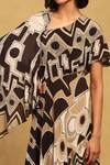 Shop_Ritu Kumar_Black Viscose Crepe Printed Geometric Asymmetric Meraki Kimono Sleeves Dress _Online_at_Aza_Fashions