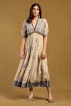 Buy_Ritu Kumar_Beige Viscose Crepe Printed Paisley V Neck Sulawasi Maxi Dress _at_Aza_Fashions