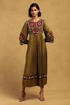 Buy_Ritu Kumar_Green Viscose Satin Dobby Embroidered Geometric Round Millary Placement Dress _at_Aza_Fashions