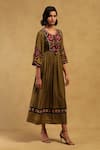 Buy_Ritu Kumar_Green Viscose Satin Dobby Embroidered Geometric Round Millary Placement Dress _Online_at_Aza_Fashions