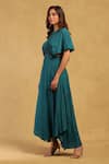 Ritu Kumar_Green Dress Viscose Satin Dobby Embellished Pleat Round Shell With Bustier _Online_at_Aza_Fashions