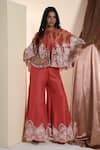 Buy_Sunita Nagi_Orange Shimmer Tissue Embroidered Floral Cape High With Flared Pant Set _at_Aza_Fashions