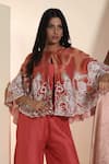 Sunita Nagi_Orange Shimmer Tissue Embroidered Floral Cape High With Flared Pant Set _Online_at_Aza_Fashions