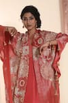 Sunita Nagi_Orange Shimmer Embroidered Floral Kurta V Neck Poncho Cape With Set _Online_at_Aza_Fashions