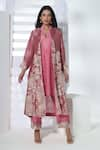 Sunita Nagi_Pink Shimmer Tissue Embroidered Floral Kurta V Neck Jacket With Set _Online_at_Aza_Fashions