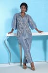 Buy_Sunita Nagi_Blue Shimmer Tissue Embroidered Floral Collared Shirt With Pant _at_Aza_Fashions