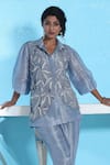 Sunita Nagi_Blue Shimmer Tissue Embroidered Floral Collared Shirt With Pant _Online_at_Aza_Fashions