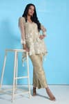 Sunita Nagi_Beige Organza Embroidered Floral Notched Tunic With Pant _Online_at_Aza_Fashions