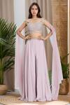 Buy_Samyukta Singhania_Pink Georgette Embellished Bead Cape Boat Shoulder Sharara Set _at_Aza_Fashions