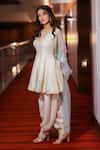 Esha Koul_Off White Chanderi Embroidery Gota V-neck Peplum Kurta And Salwar Set _Online