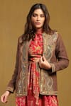 Buy_Ritu Kumar_Brown Cotton Embroidery Scallop Bloom Open Neck Yale Jacket _at_Aza_Fashions