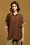 Buy_Ritu Kumar_Brown Cotton Silk Embroidery Kyesha Collared Neck Shirt _at_Aza_Fashions