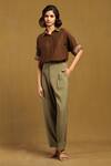 Ritu Kumar_Brown Cotton Silk Embroidery Kyesha Collared Neck Shirt _at_Aza_Fashions